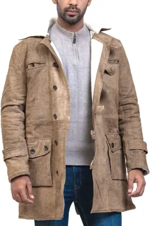 Bane Shearling Leather Trench Coat Mens - Real Cowhide Long Leather Jacket Fur Coats