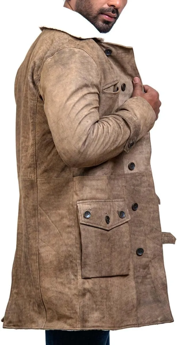 Bane Shearling Leather Trench Coat Mens - Real Cowhide Long Leather Jacket Fur Coats