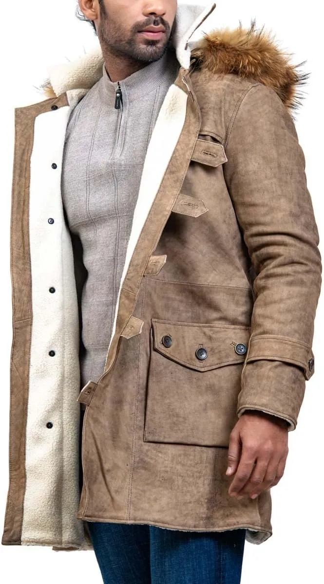 Bane Shearling Leather Trench Coat Mens - Real Cowhide Long Leather Jacket Fur Coats