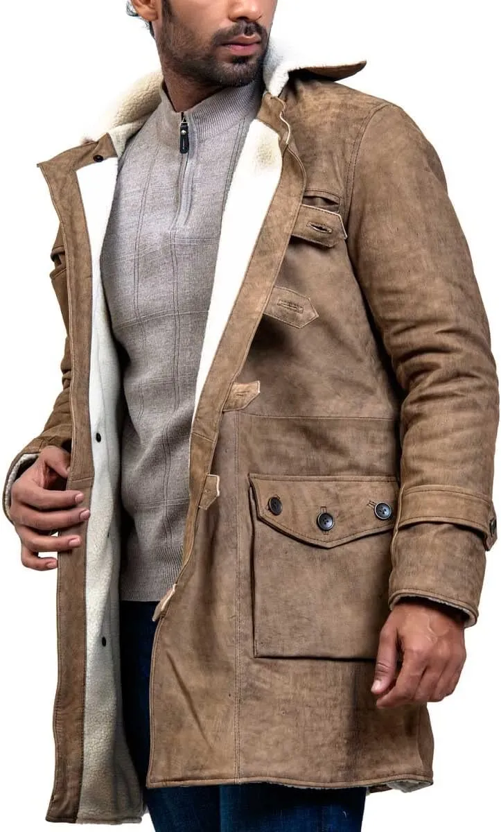 Bane Shearling Leather Trench Coat Mens - Real Cowhide Long Leather Jacket Fur Coats