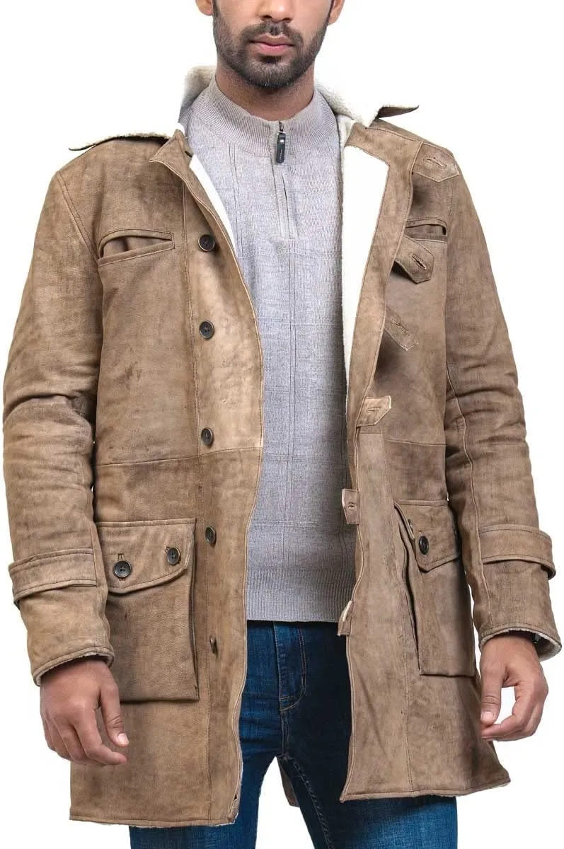 Bane Shearling Leather Trench Coat Mens - Real Cowhide Long Leather Jacket Fur Coats