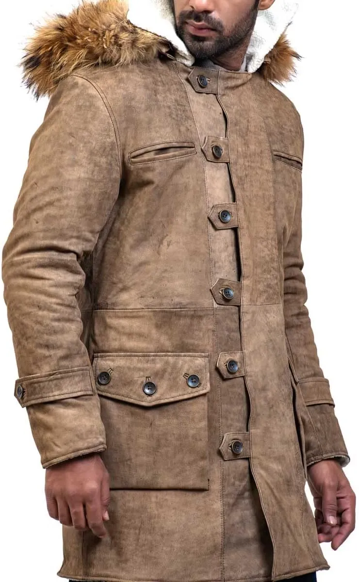 Bane Shearling Leather Trench Coat Mens - Real Cowhide Long Leather Jacket Fur Coats