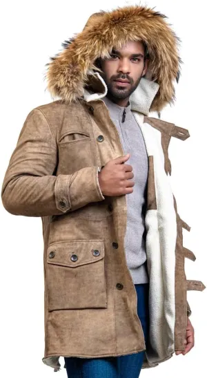 Bane Shearling Leather Trench Coat Mens - Real Cowhide Long Leather Jacket Fur Coats