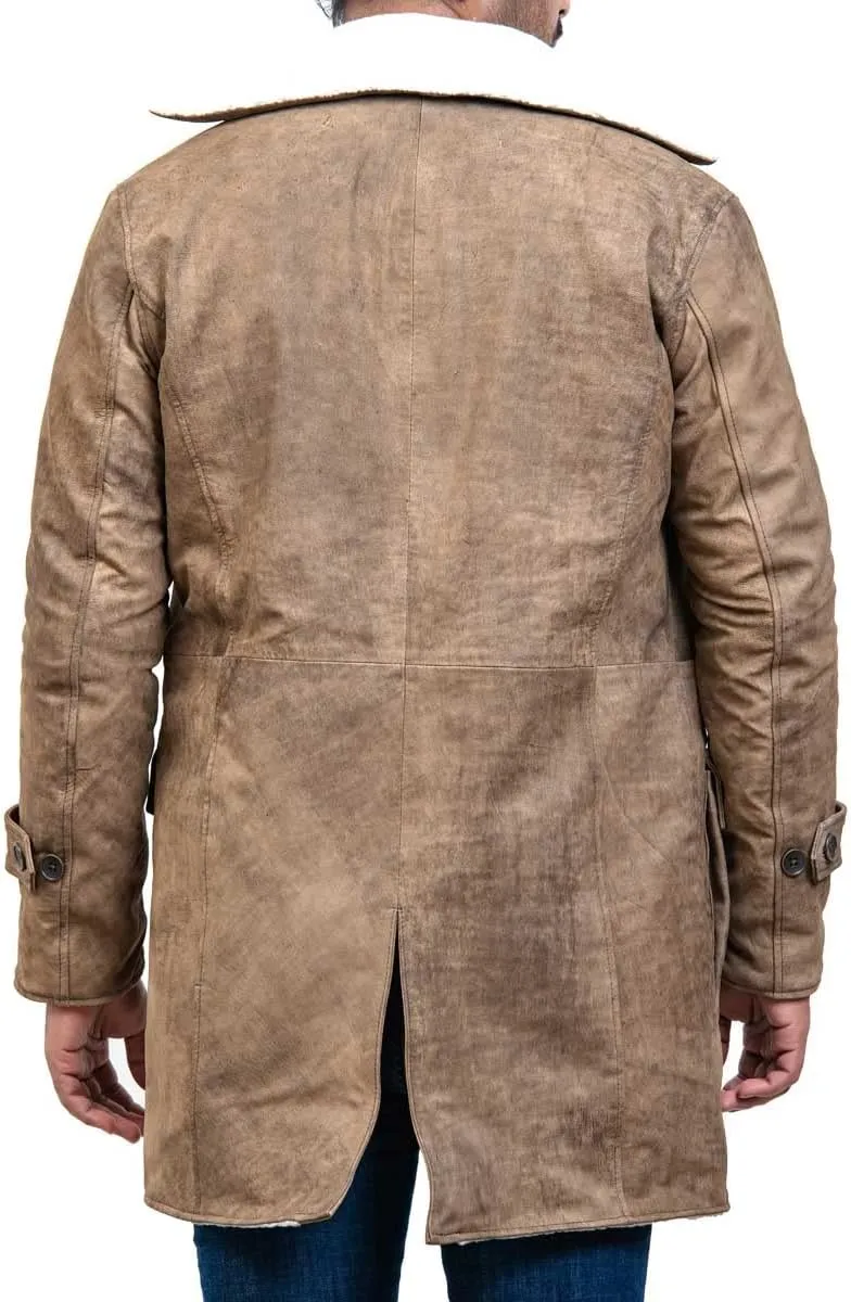 Bane Shearling Leather Trench Coat Mens - Real Cowhide Long Leather Jacket Fur Coats