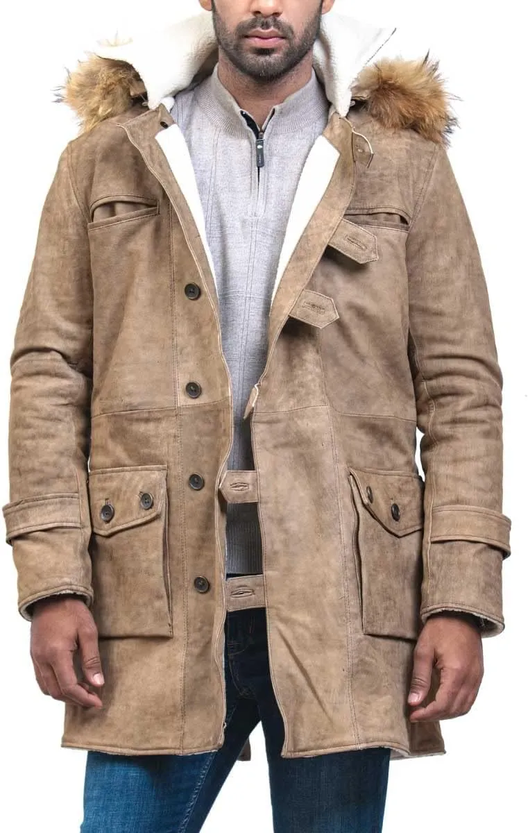 Bane Shearling Leather Trench Coat Mens - Real Cowhide Long Leather Jacket Fur Coats