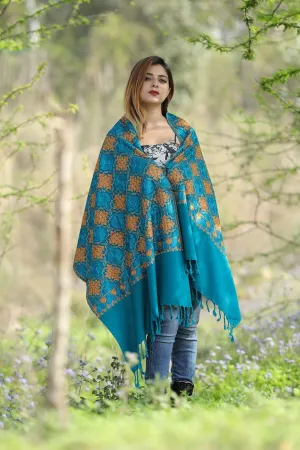 Beautiful Turquoise Blue Colour Stole With Graceful Dense Jaal Pattern Of Kashmiri Embroidery Makes It An Ideal Wear.