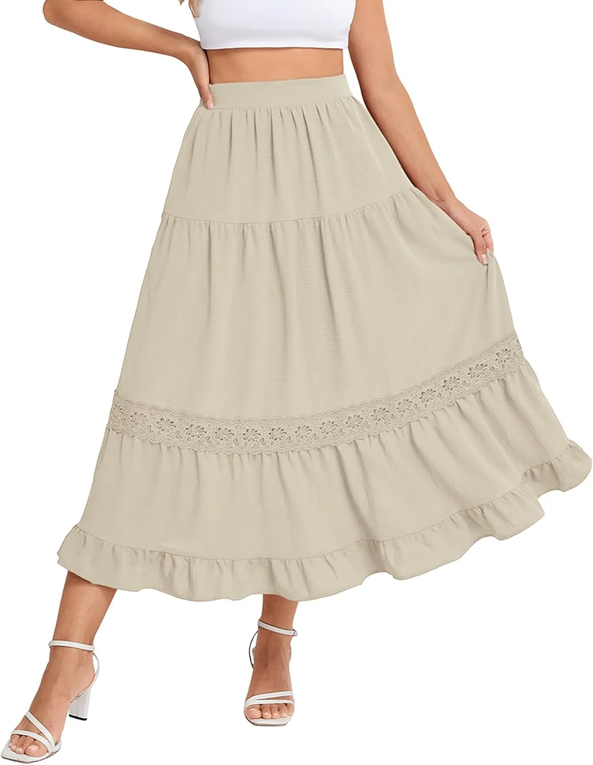 Belle Poque Women's Midi Skirt Boho Flowy Spring Summer Elastic Waist Aline Ruffle Lace Tiered Skirt with Pockets 2025