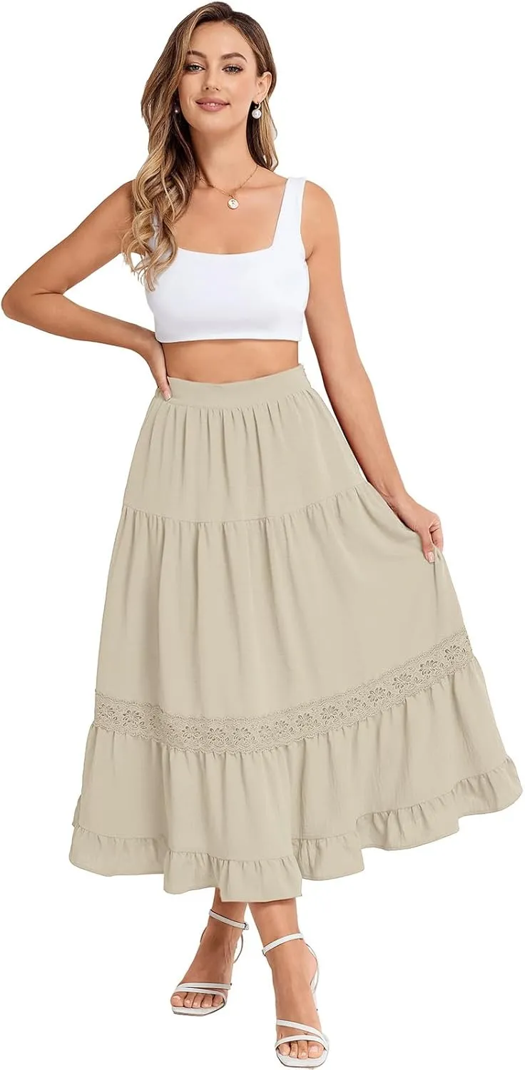 Belle Poque Women's Midi Skirt Boho Flowy Spring Summer Elastic Waist Aline Ruffle Lace Tiered Skirt with Pockets 2025