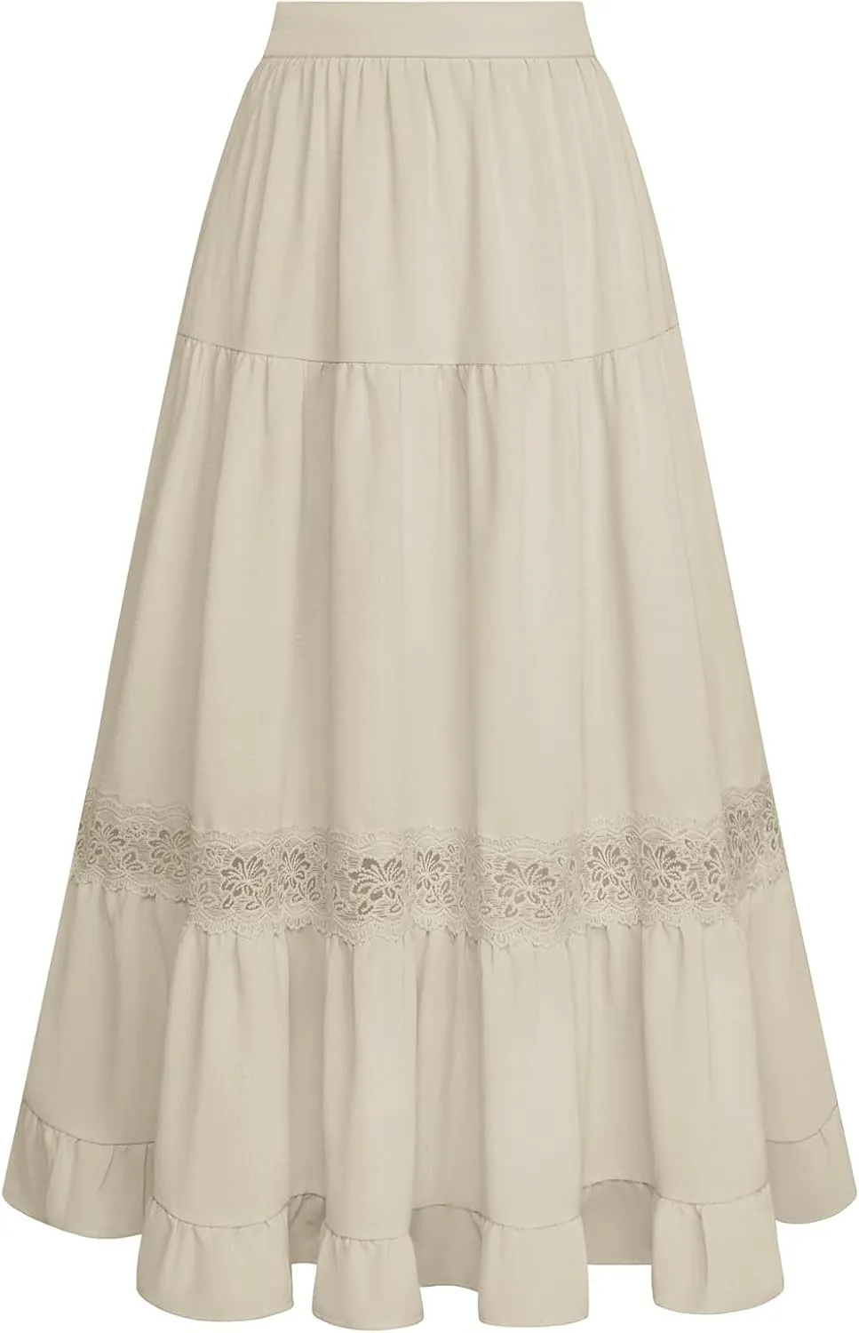 Belle Poque Women's Midi Skirt Boho Flowy Spring Summer Elastic Waist Aline Ruffle Lace Tiered Skirt with Pockets 2025