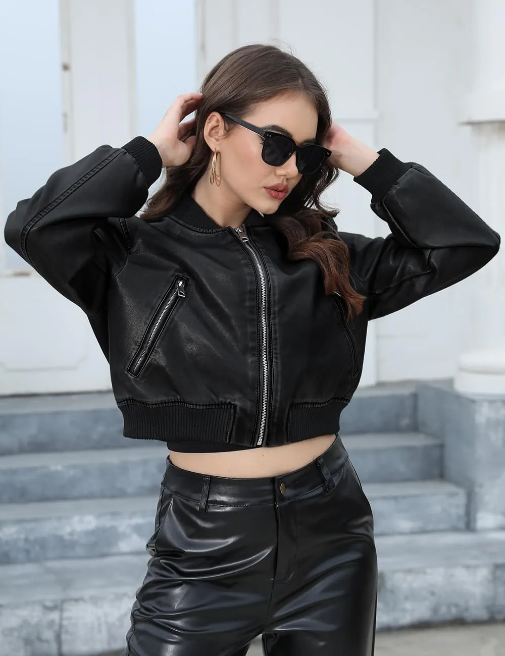 Bellivera Women's Cropped Faux Leather Jacket Bomber Casual Zip Up Coat PU Moto Bike Outwear with Pockets