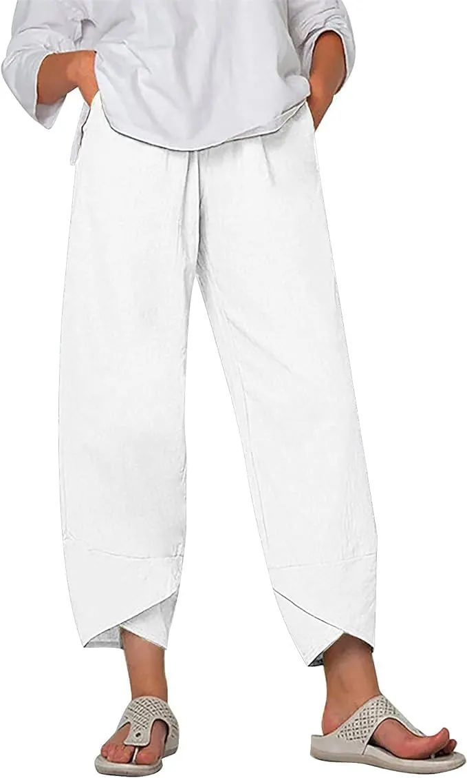 Bengbobar Linen Pants Women Retro Summer Capri Pants Print Casual Loose Trouser with Pocket Trendy Womens Lounge Pants