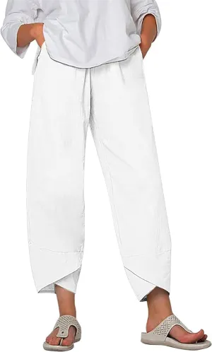 Bengbobar Linen Pants Women Retro Summer Capri Pants Print Casual Loose Trouser with Pocket Trendy Womens Lounge Pants