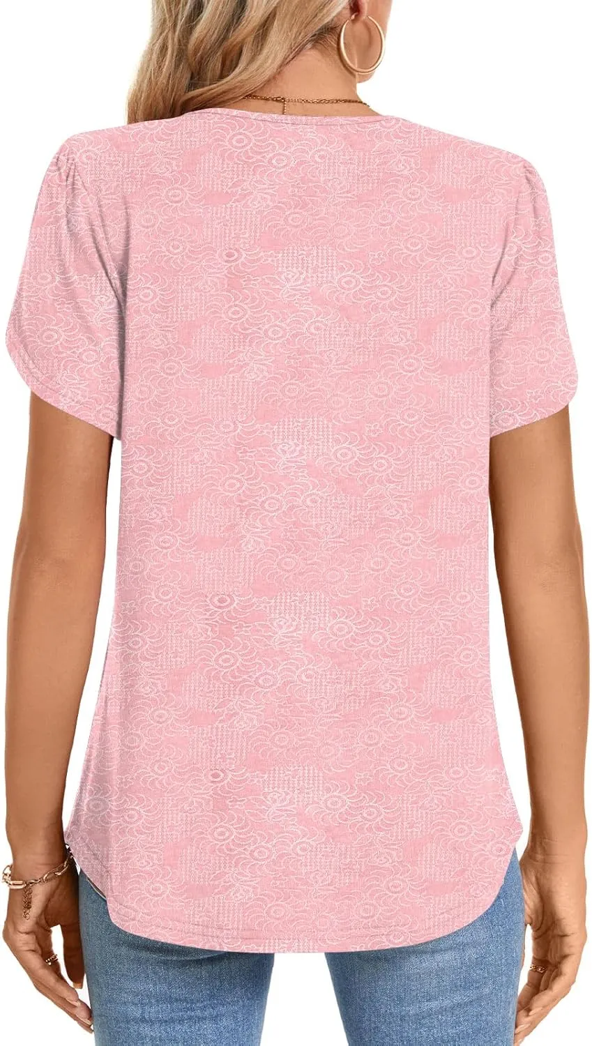 Bestbee Women's Short Sleeve Button-Down Shirts V Neck Tunic Tops Cute Summer Tops Casual T-Shirts Loose Fit Blouses