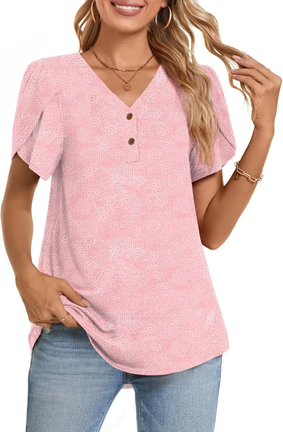 Bestbee Women's Short Sleeve Button-Down Shirts V Neck Tunic Tops Cute Summer Tops Casual T-Shirts Loose Fit Blouses