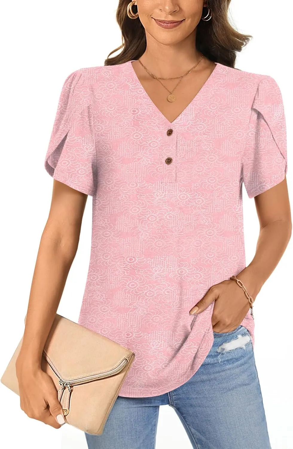 Bestbee Women's Short Sleeve Button-Down Shirts V Neck Tunic Tops Cute Summer Tops Casual T-Shirts Loose Fit Blouses
