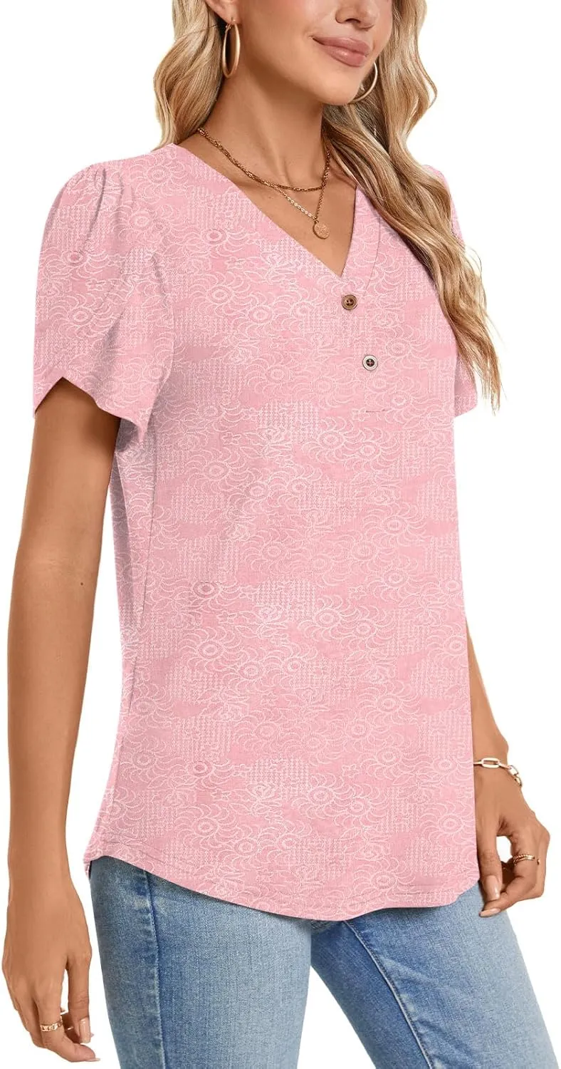Bestbee Women's Short Sleeve Button-Down Shirts V Neck Tunic Tops Cute Summer Tops Casual T-Shirts Loose Fit Blouses