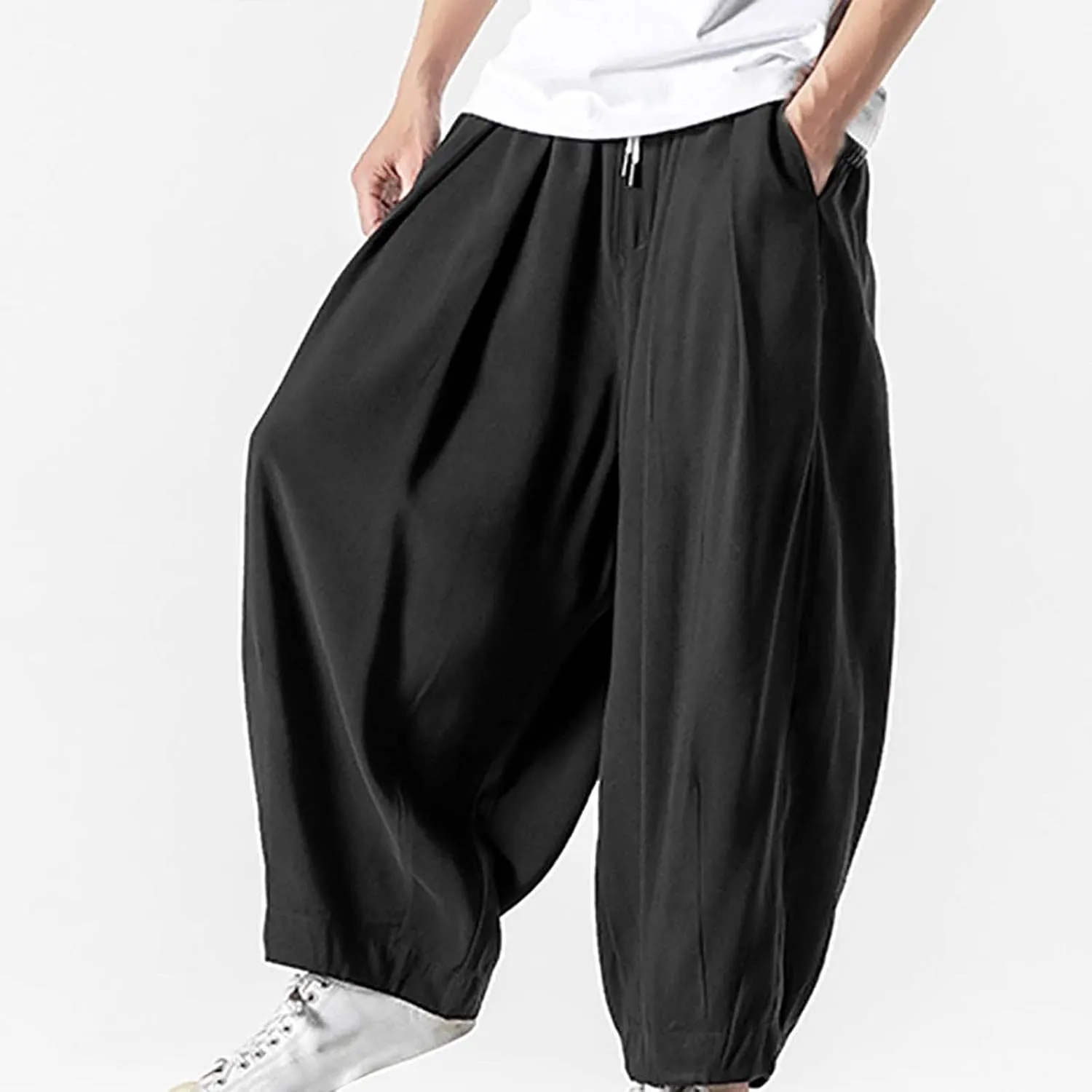 Big and Tall Casual Harem Pants for Men Wide Leg Loose Fit Drop Crotch Hippie Trousers Drawstrings Elastic Waist Sweatpants