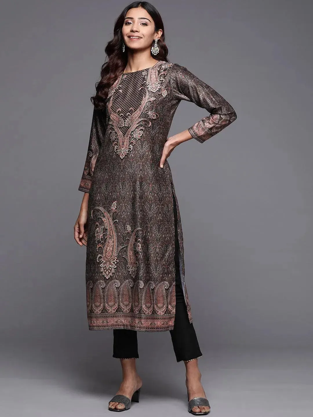 Black Printed Velvet Straight Kurta