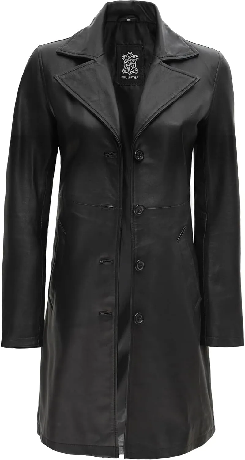 Blingsoul Leather Car Coats for Womens - Black Brown Real Long Leather Jacket Women