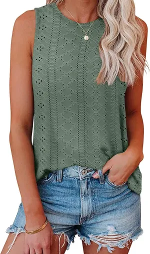 Bliwov Womens Summer Tank Tops Eyelet Embroidery Shirts Sleeveless Casual Beach Vacation Clothes Scoop Neck Basic Top