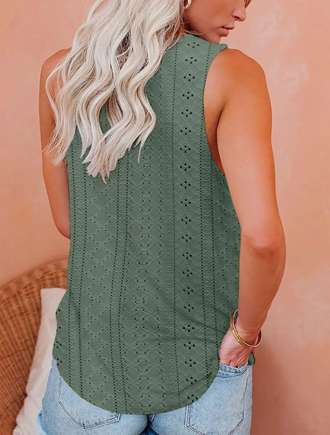 Bliwov Womens Summer Tank Tops Eyelet Embroidery Shirts Sleeveless Casual Beach Vacation Clothes Scoop Neck Basic Top