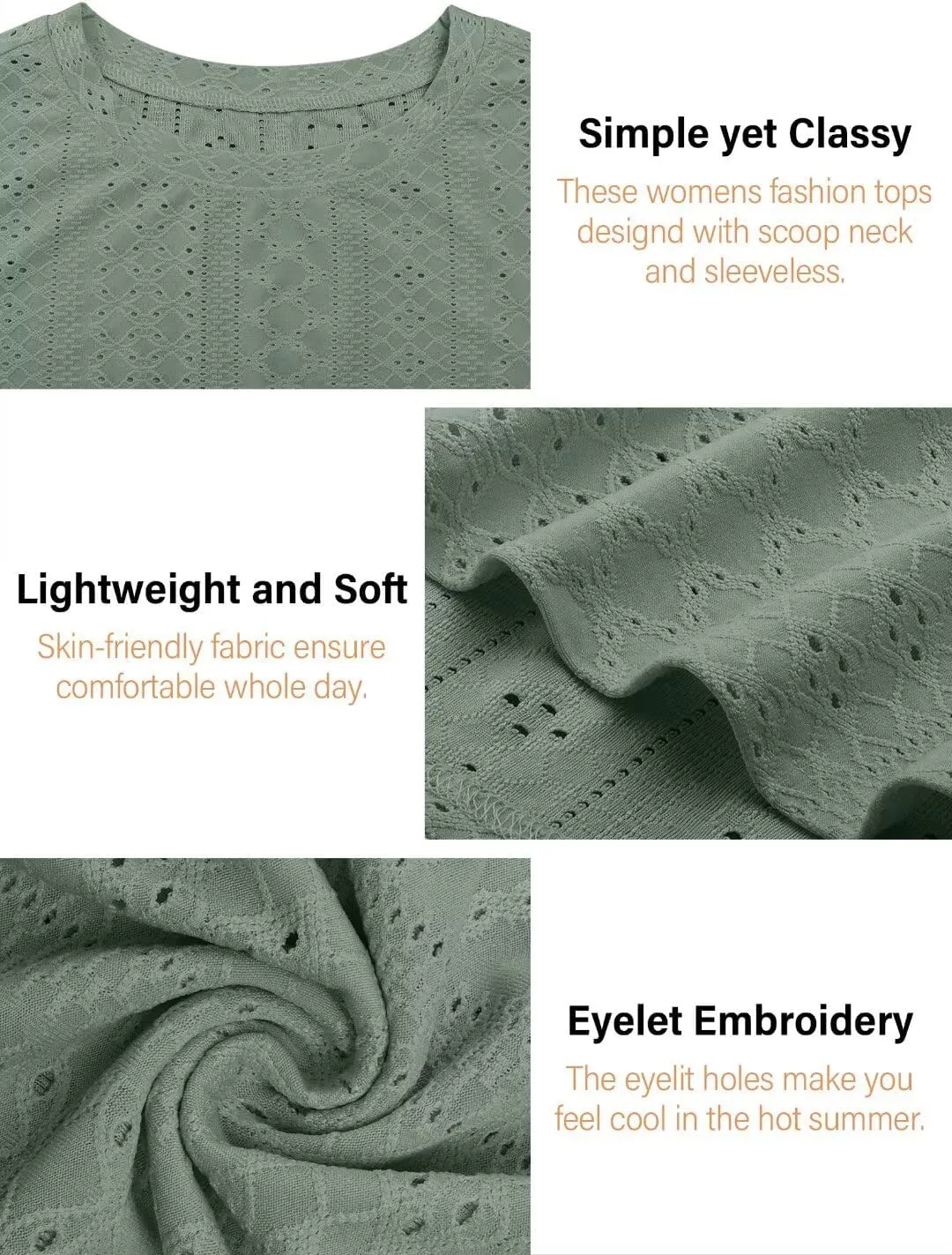 Bliwov Womens Summer Tank Tops Eyelet Embroidery Shirts Sleeveless Casual Beach Vacation Clothes Scoop Neck Basic Top