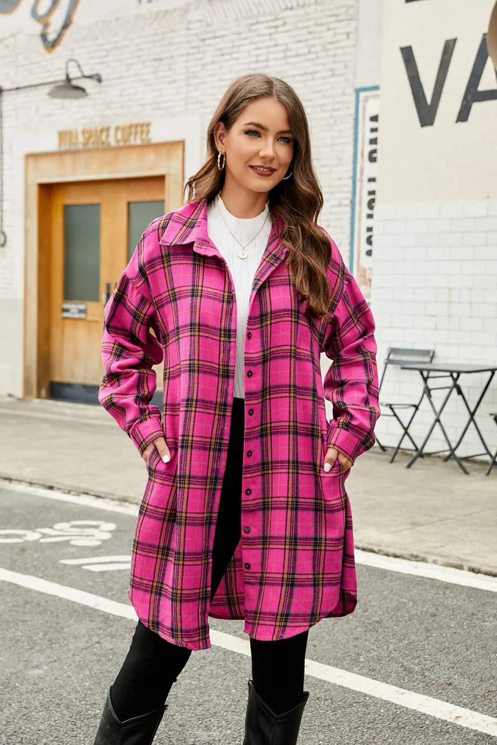 Blooming Jelly Women's Button Down Flannel Shirts Plaid Shacket Long Sleeve Collared Long Jacket Coats