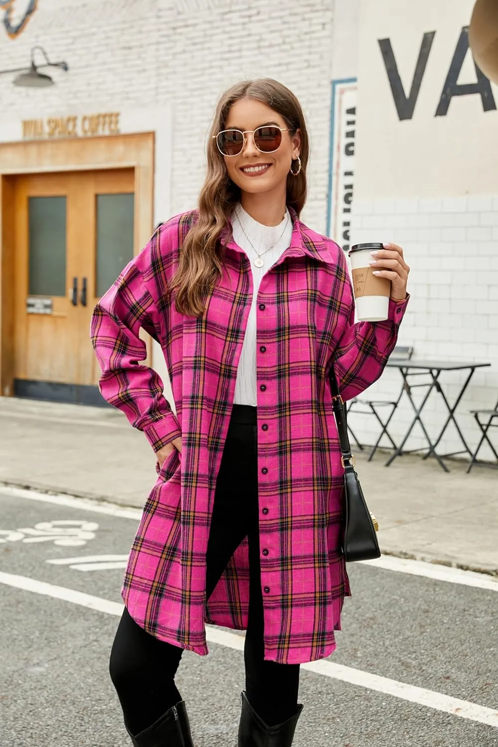 Blooming Jelly Women's Button Down Flannel Shirts Plaid Shacket Long Sleeve Collared Long Jacket Coats