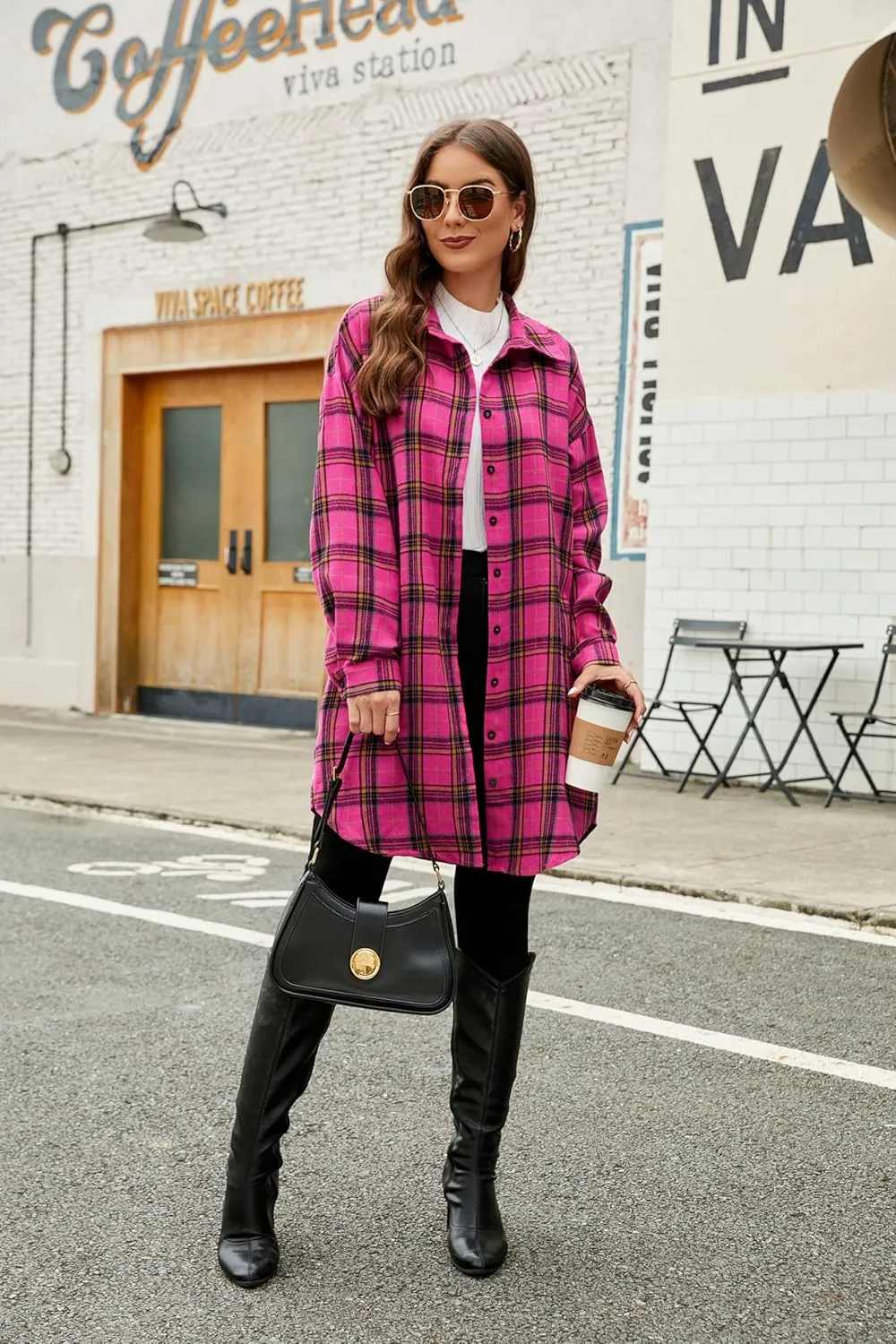 Blooming Jelly Women's Button Down Flannel Shirts Plaid Shacket Long Sleeve Collared Long Jacket Coats
