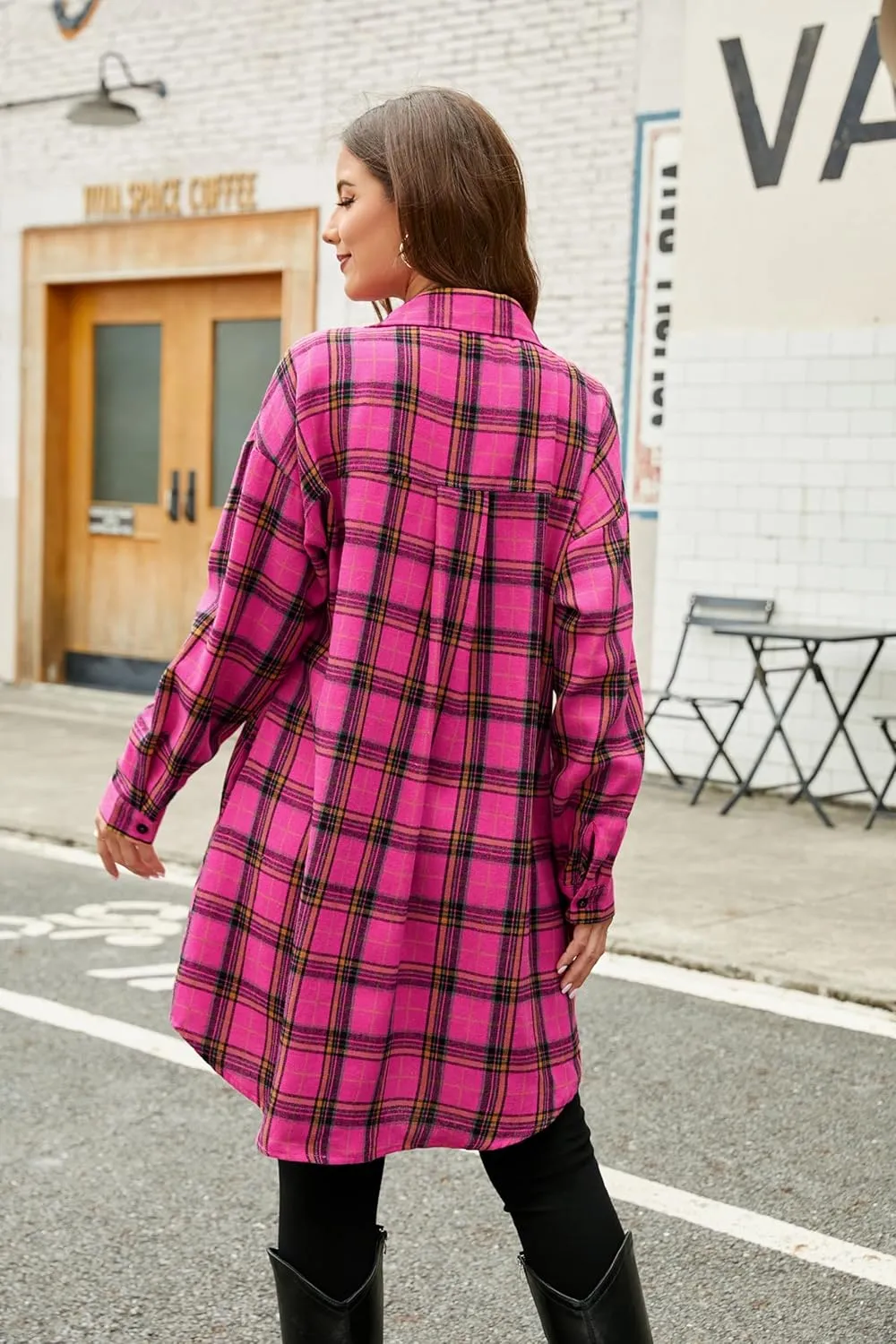 Blooming Jelly Women's Button Down Flannel Shirts Plaid Shacket Long Sleeve Collared Long Jacket Coats