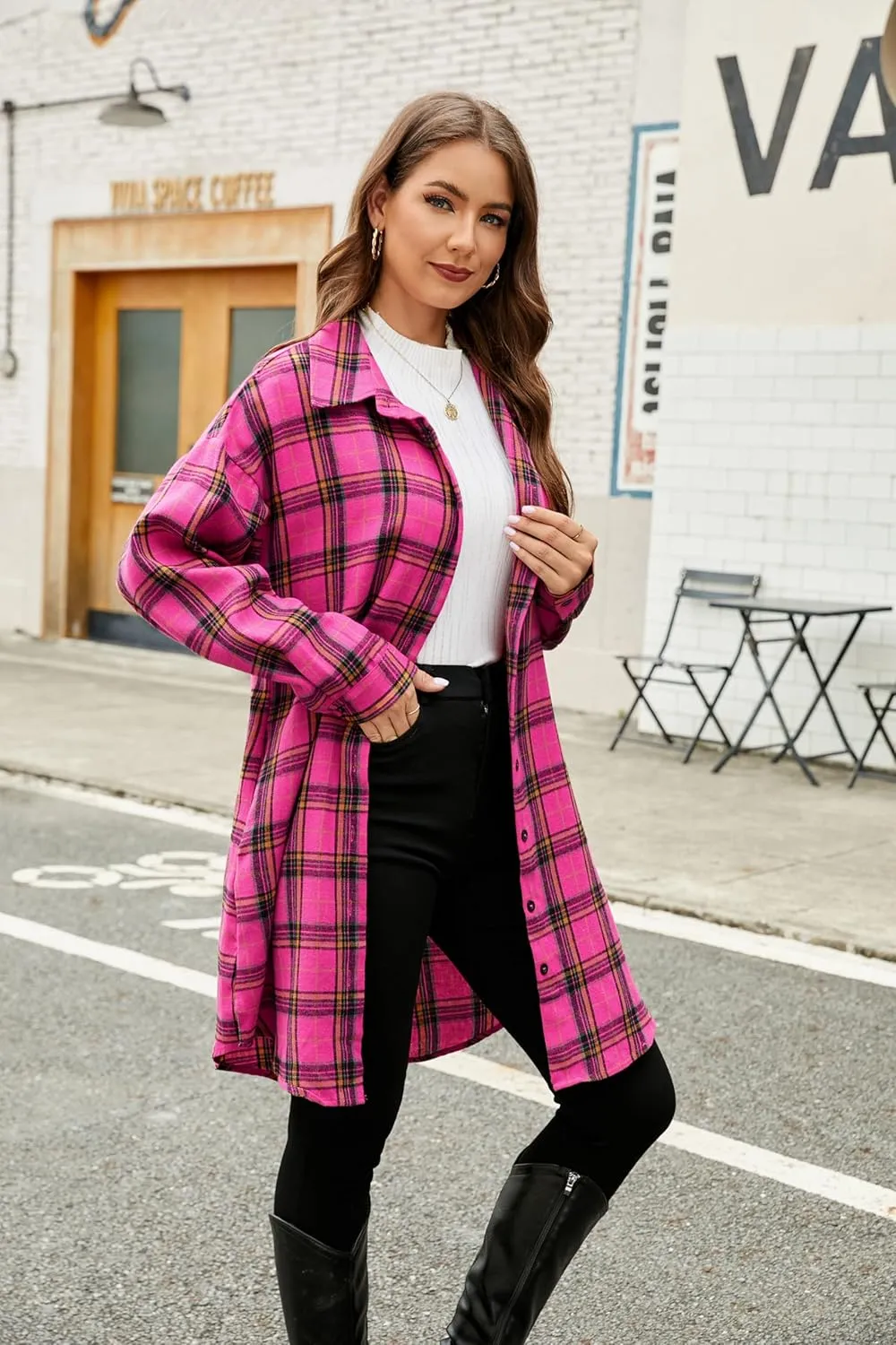 Blooming Jelly Women's Button Down Flannel Shirts Plaid Shacket Long Sleeve Collared Long Jacket Coats