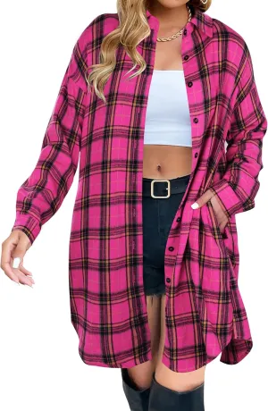 Blooming Jelly Women's Button Down Flannel Shirts Plaid Shacket Long Sleeve Collared Long Jacket Coats