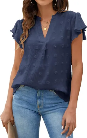 Blooming Jelly Womens White Blouse V Neck Ruffle Sleeve Flowy Shirts Dressy Casual Cute Summer Tops