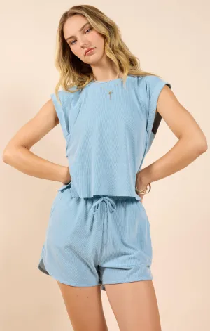 Blue Knit Shorts Set