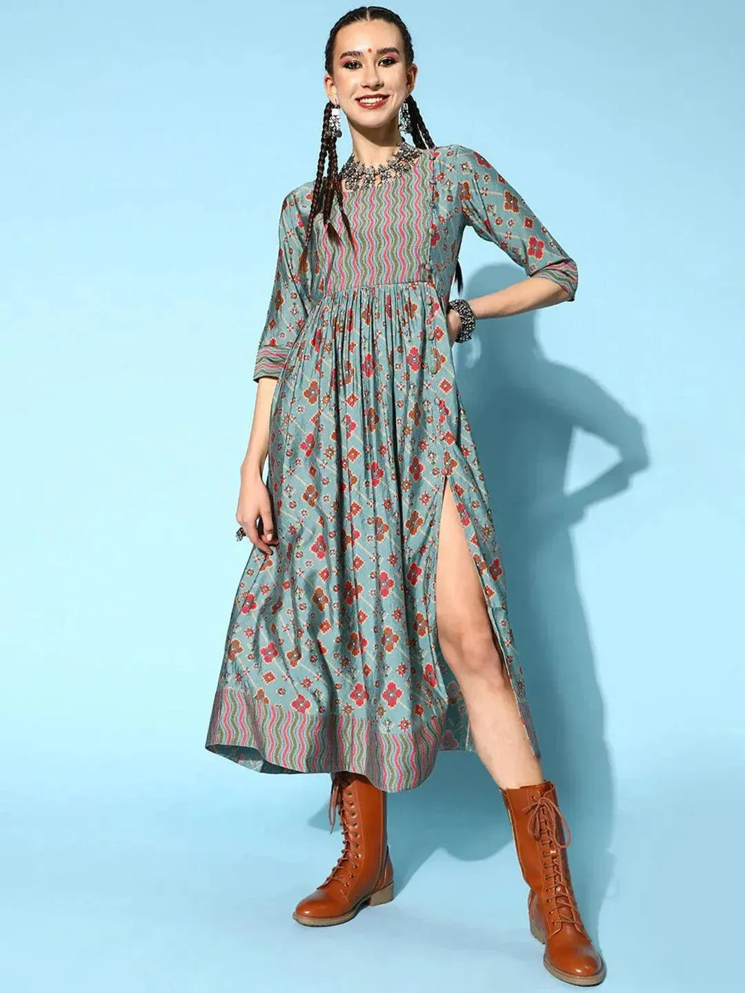 Blue Printed Silk Dress