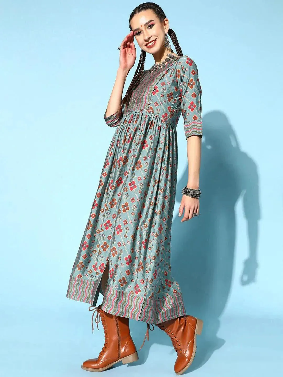 Blue Printed Silk Dress