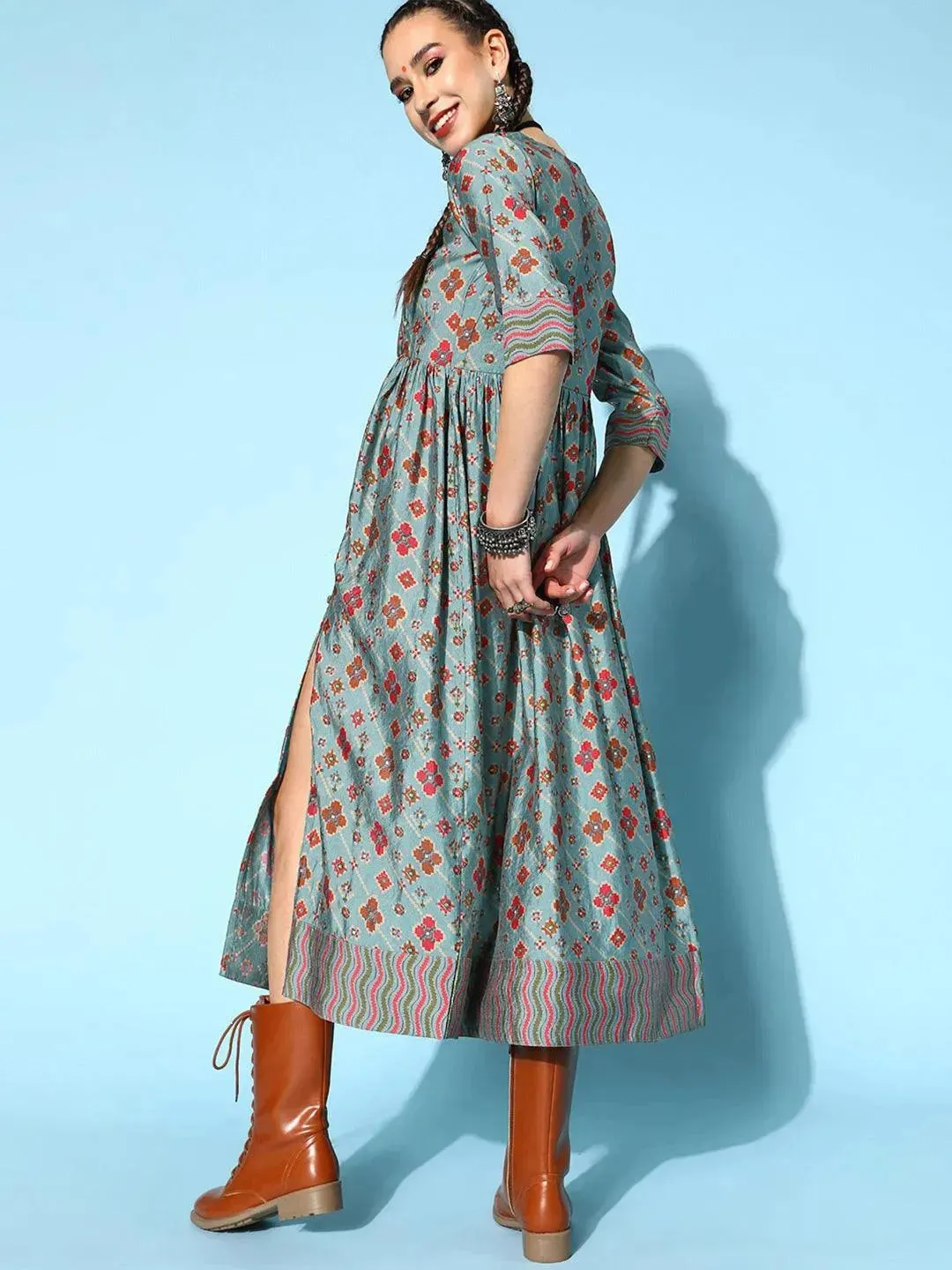 Blue Printed Silk Dress