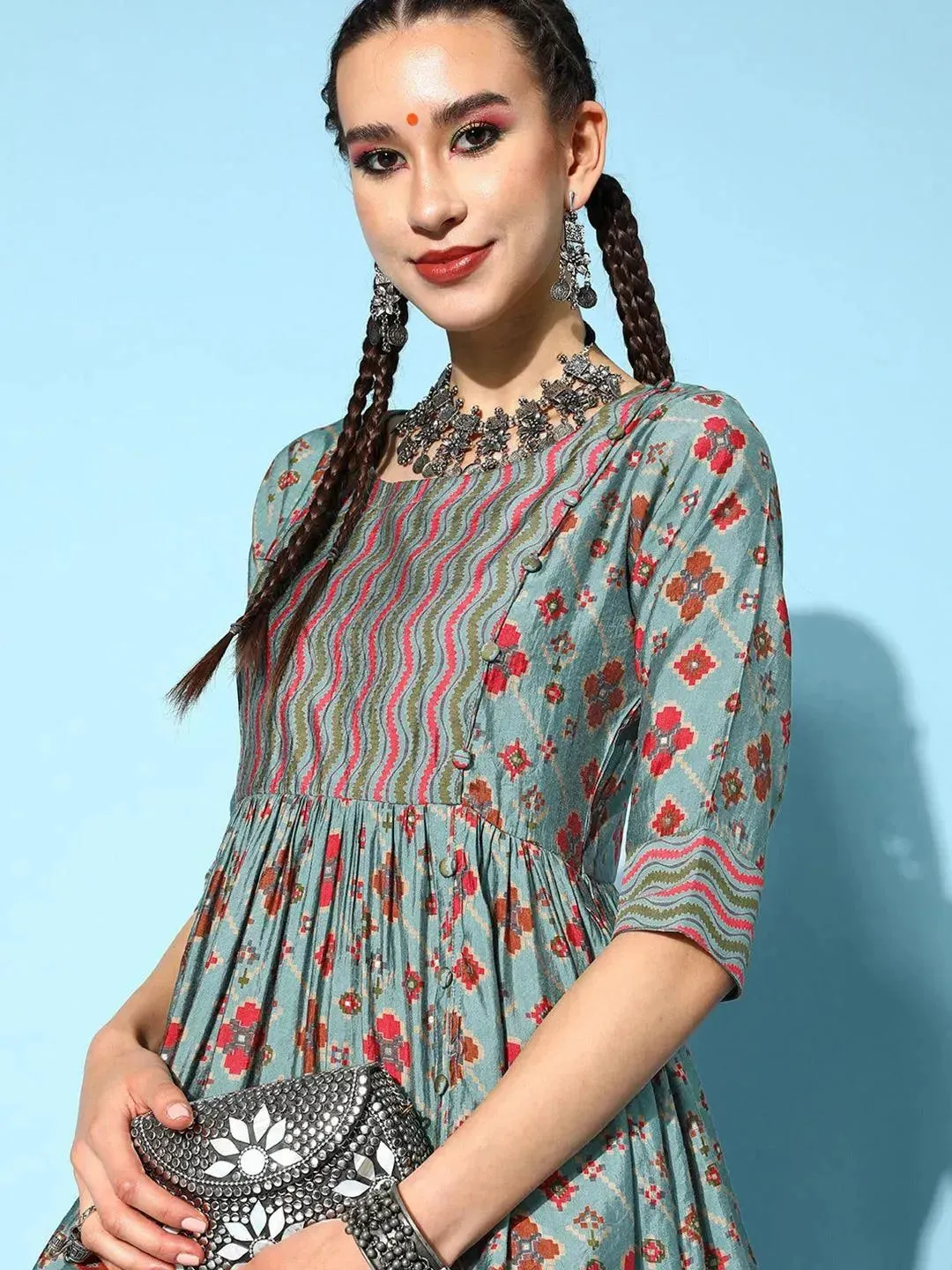 Blue Printed Silk Dress
