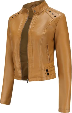 BOFETA Womens Faux Leather Long Sleeve Jackets Quilted Moto Outwear Slim Lapel Coats