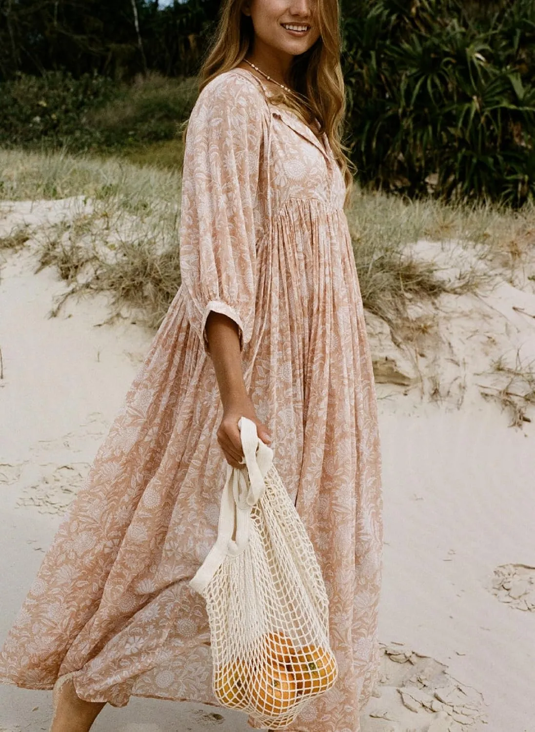 Boho Floral Maxi Dress for Women Puff Sleeve V Neck Loose Flowy Long Dress Beach Oversized Tiered Swing Sundress
