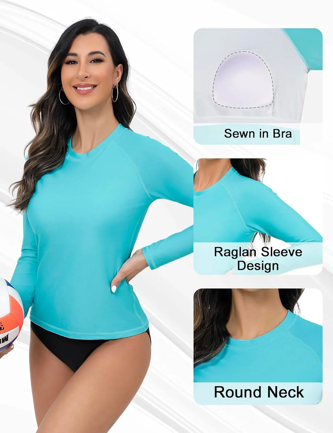 Bonneuitbebe Women Rash Guard with Bra UPF 50  Long Sleeve Swim Shirts Quick Dry Printed SPF Shirts Beach Water Swimwear