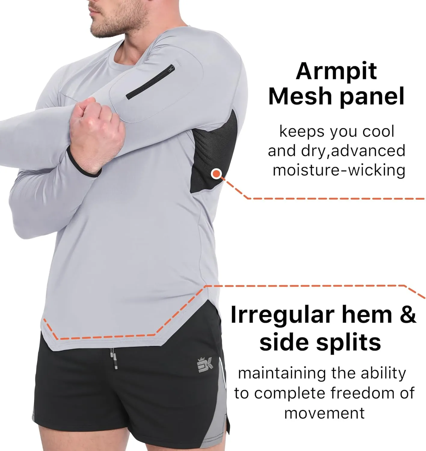 BROKIG Men's Armzip Long Sleeve Running Shirts Quick Dry Sun Protection UV UPF 50  Jogging T Shirts Zip Pocket Gym Workout