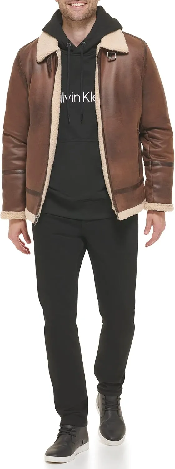 Calvin Klein Men's Faux Leather Jacket Men - Bomber Jacket with Shearling Lining