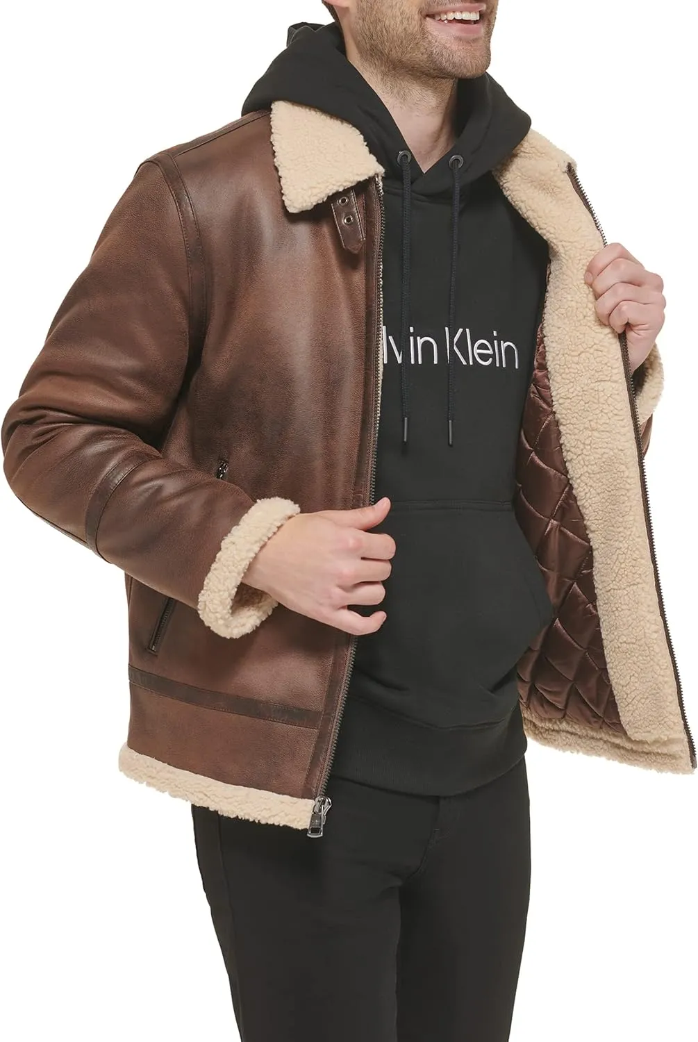 Calvin Klein Men's Faux Leather Jacket Men - Bomber Jacket with Shearling Lining