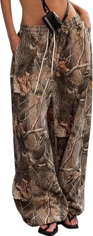 Camo Sweatpant for Women Camouflage Sweatpants Y2K Wide Leg Elastic Waist Drawstring Pants Baggy Palazzo Joggers