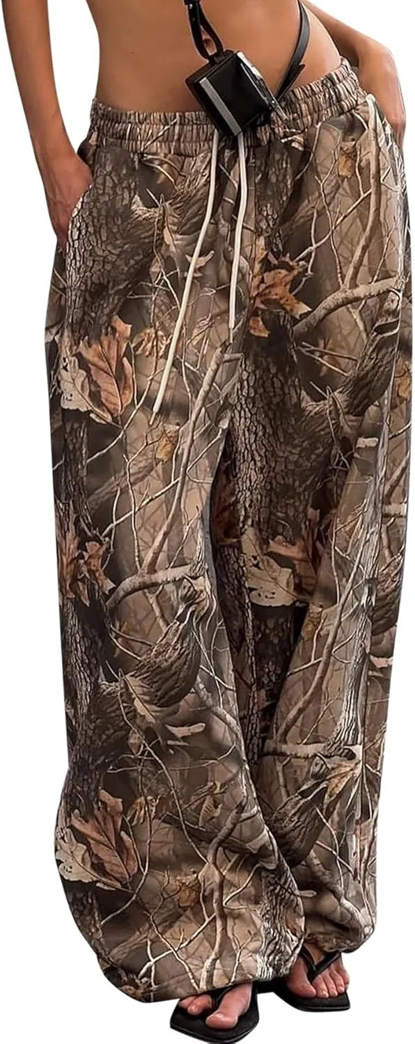 Camo Sweatpant for Women Camouflage Sweatpants Y2K Wide Leg Elastic Waist Drawstring Pants Baggy Palazzo Joggers