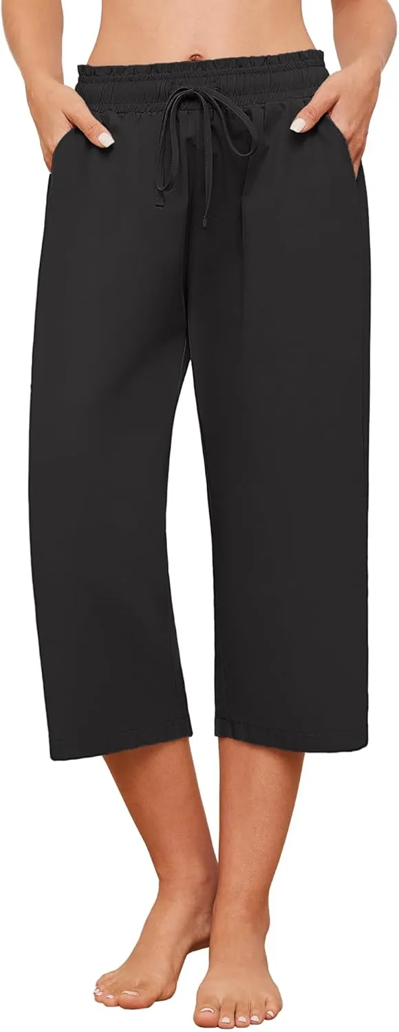 Capris Pants for Women Casual Summer High Waisted Drawstring Lounge Capris Pants Wide Leg Plus Size Hiking