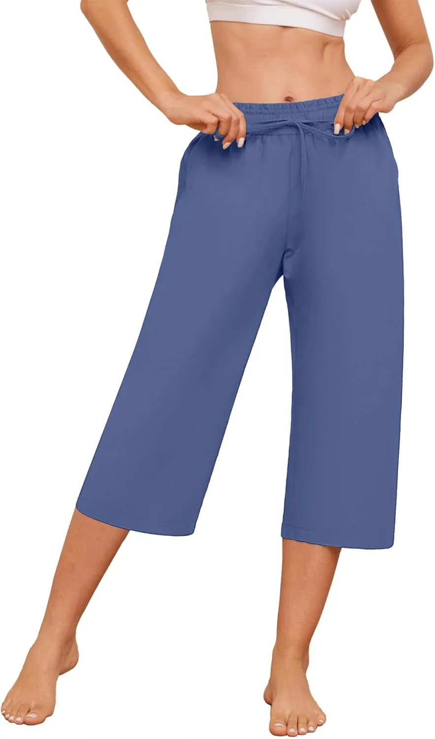 Capris Pants for Women Casual Summer High Waisted Drawstring Lounge Capris Pants Wide Leg Plus Size Hiking