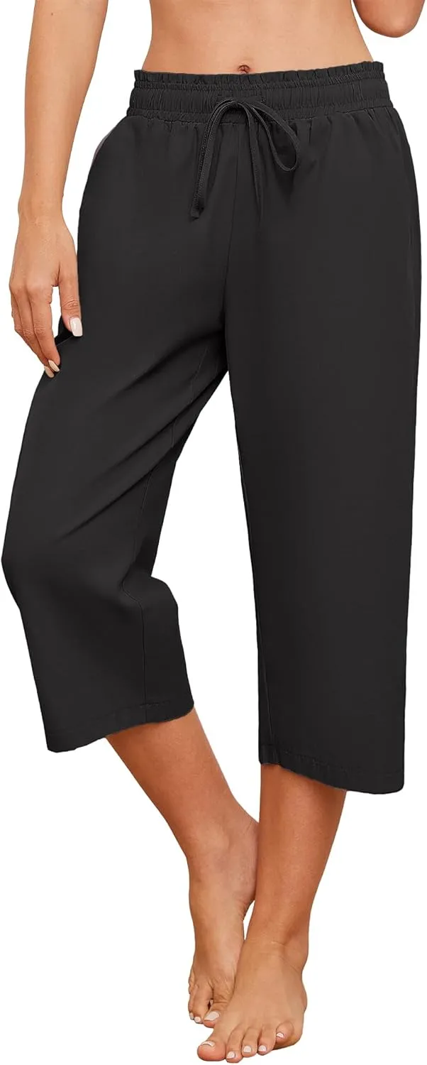 Capris Pants for Women Casual Summer High Waisted Drawstring Lounge Capris Pants Wide Leg Plus Size Hiking