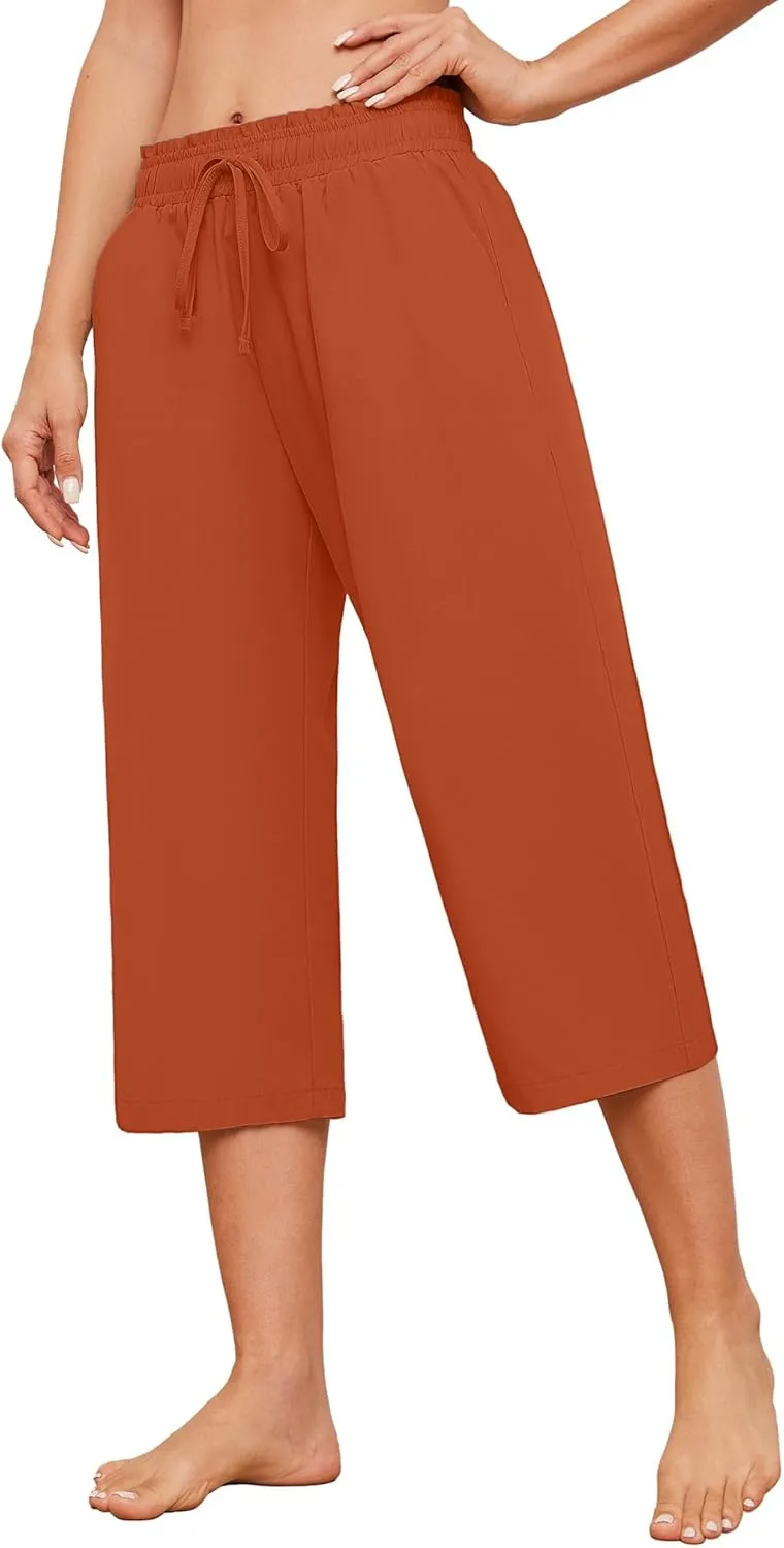 Capris Pants for Women Casual Summer High Waisted Drawstring Lounge Capris Pants Wide Leg Plus Size Hiking